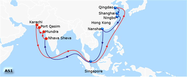 AS1航線輪換圖-一集裝箱船巴生港突發(fā)生爆炸起火22個(gè)集裝箱被燒毀